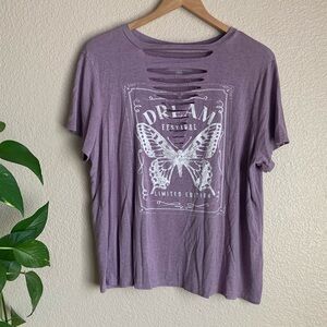 women’s purple distressed cut out butterfly top